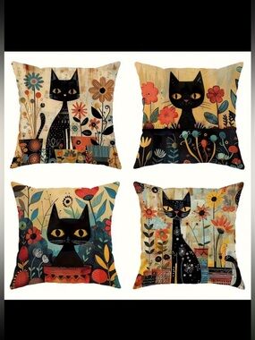 Set of 4 - Black Cat Floral Throw Pillow Covers